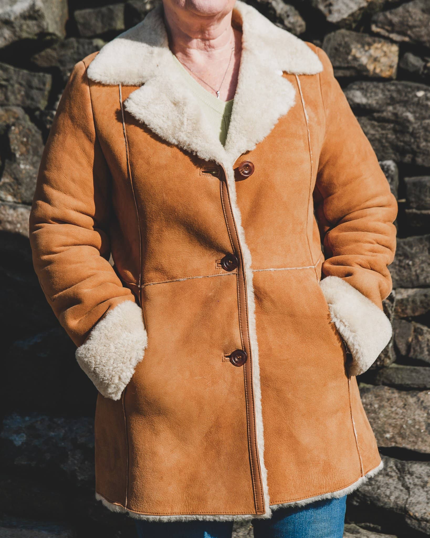 Nordvek womens sheepskin jacket 709-100 tan on model side