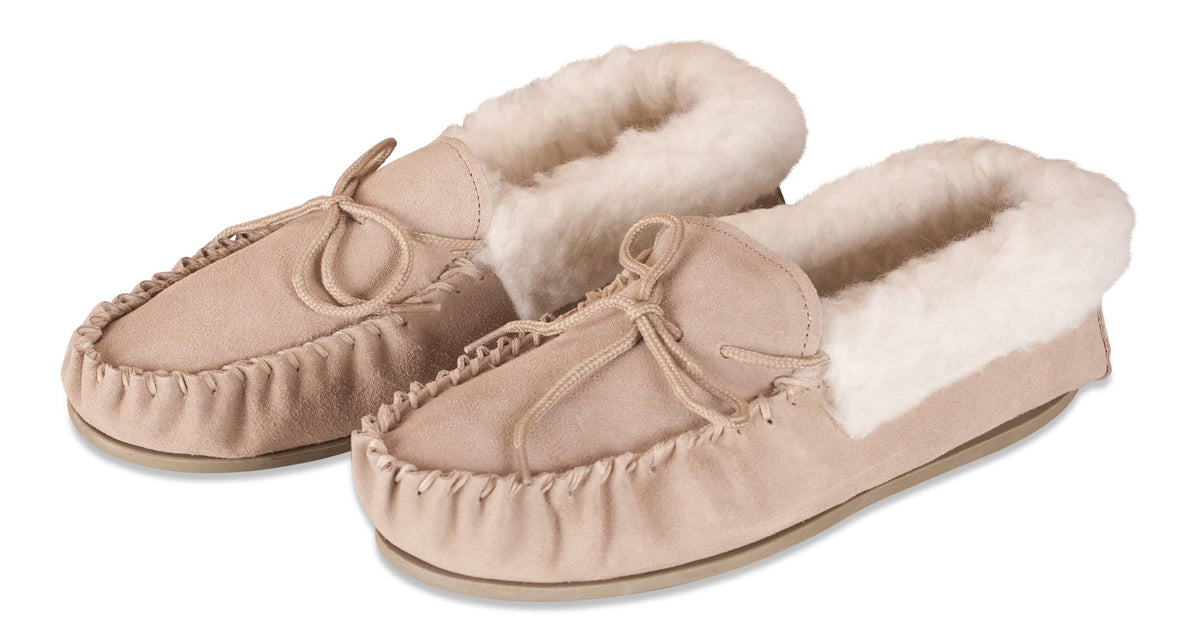 Womens Sheepskin Suede Moccasins - Wool Lined - Non-Slip Rubber Sole