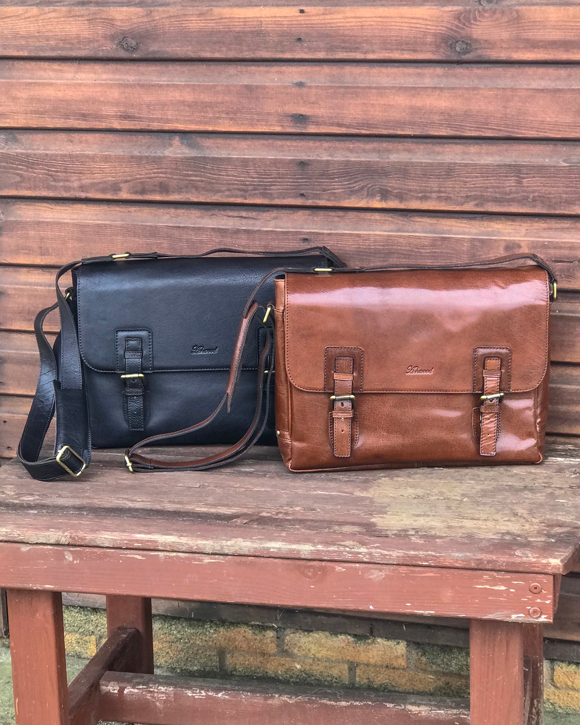 Ashwood jasper leather satchel messanger bag on stone wall chestnut
