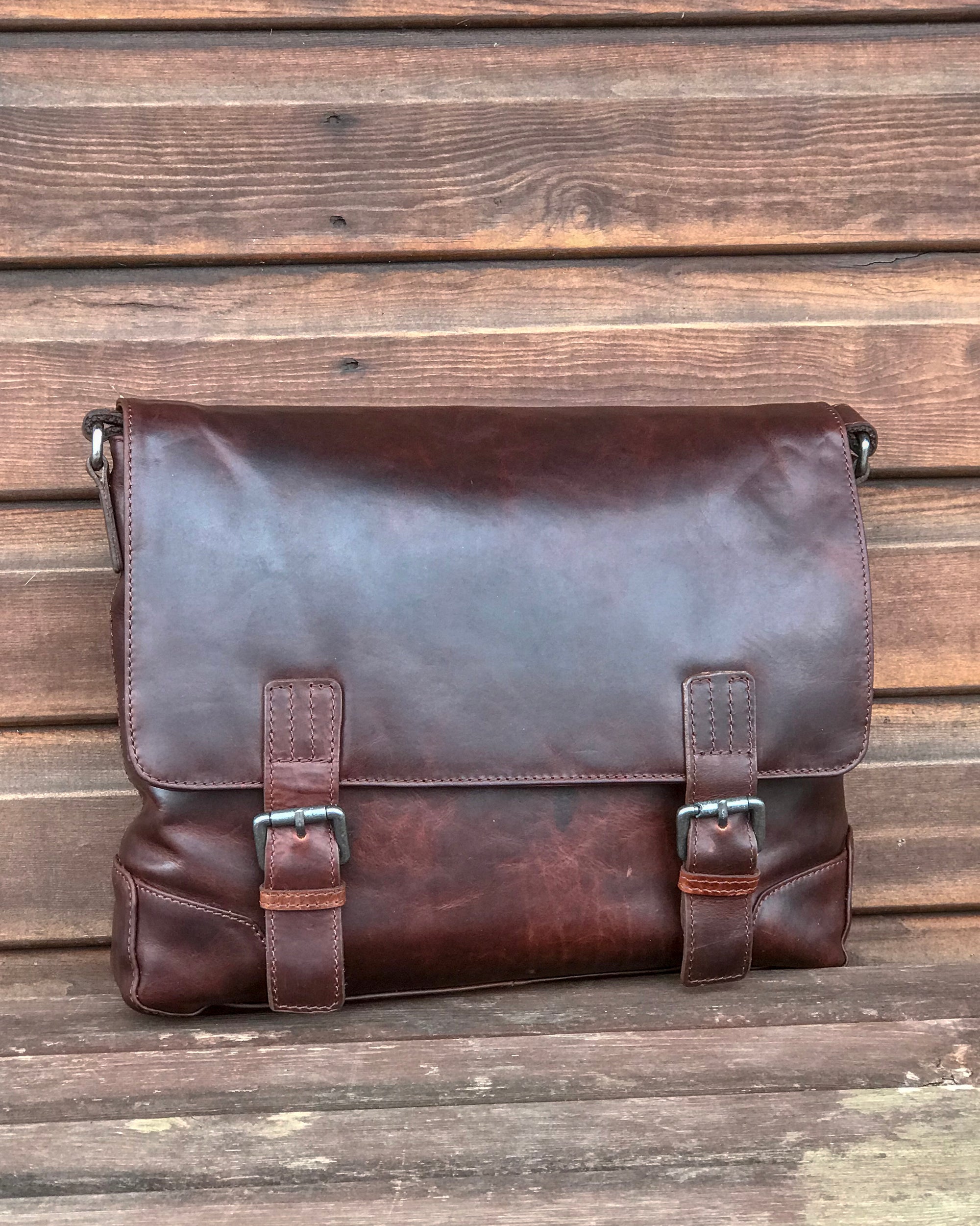 Ashwood leather laptop satchel messenger bag tan front against wooden background