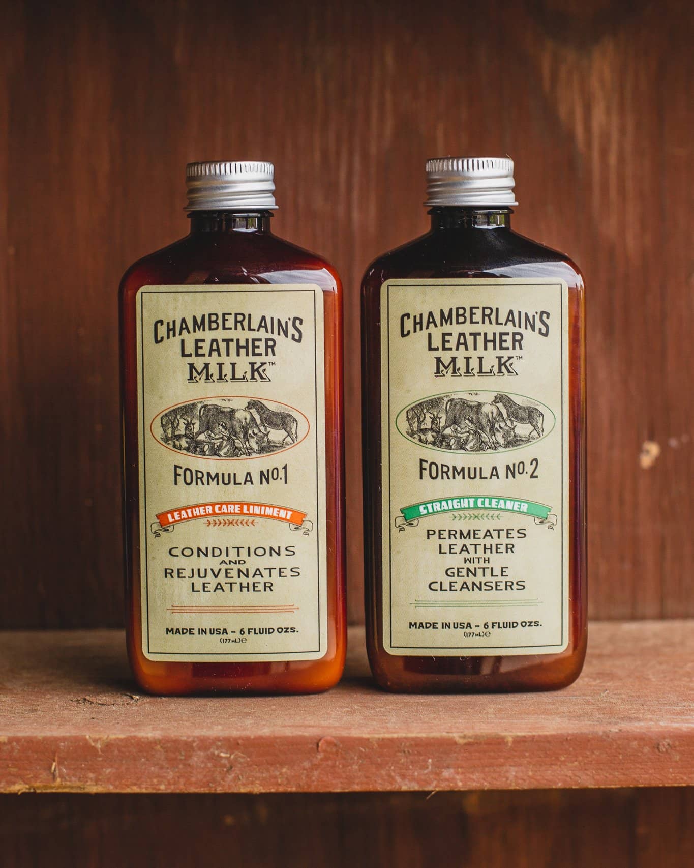 Chamberlains Leather Milk Pack of Lintment 1 and 2 on wooden shelf with pad