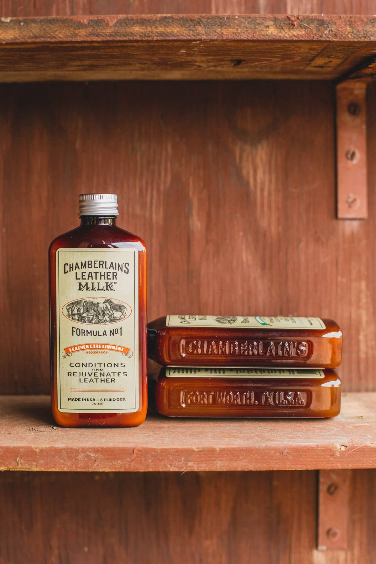 Chamberlins Leather Milk Lintment 1 with bottles laid on side