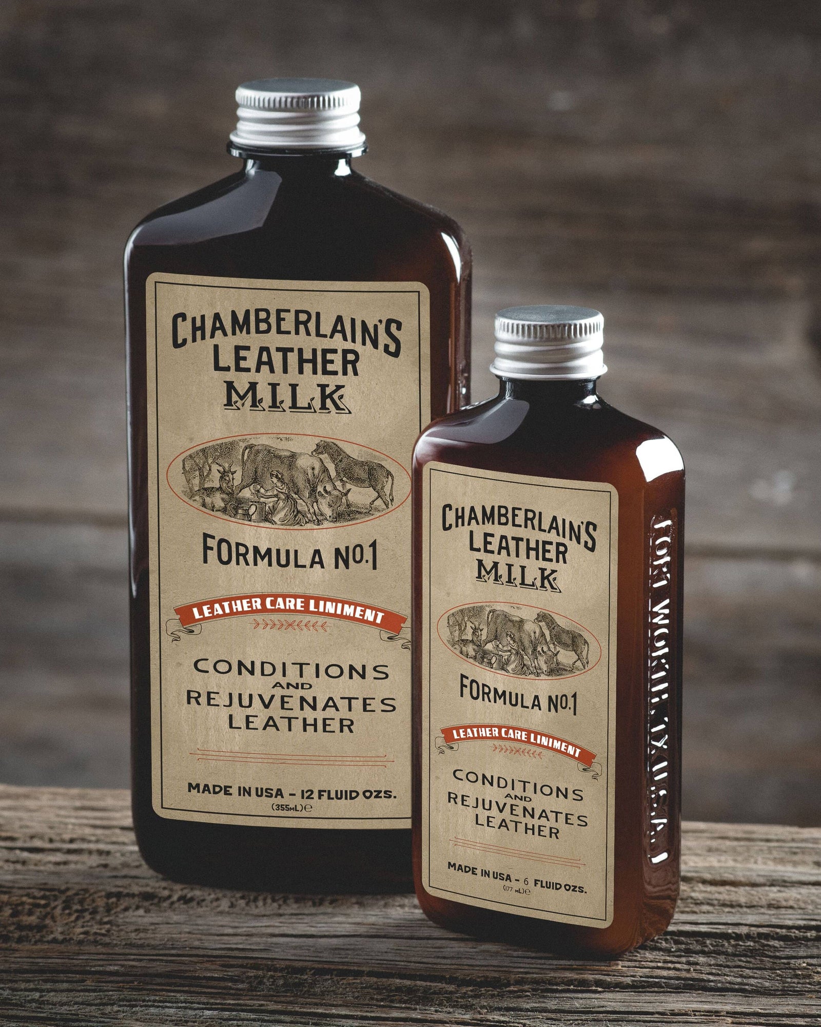 Chamberlins Leather Milk Lintment 1 on wooden shelf with pad