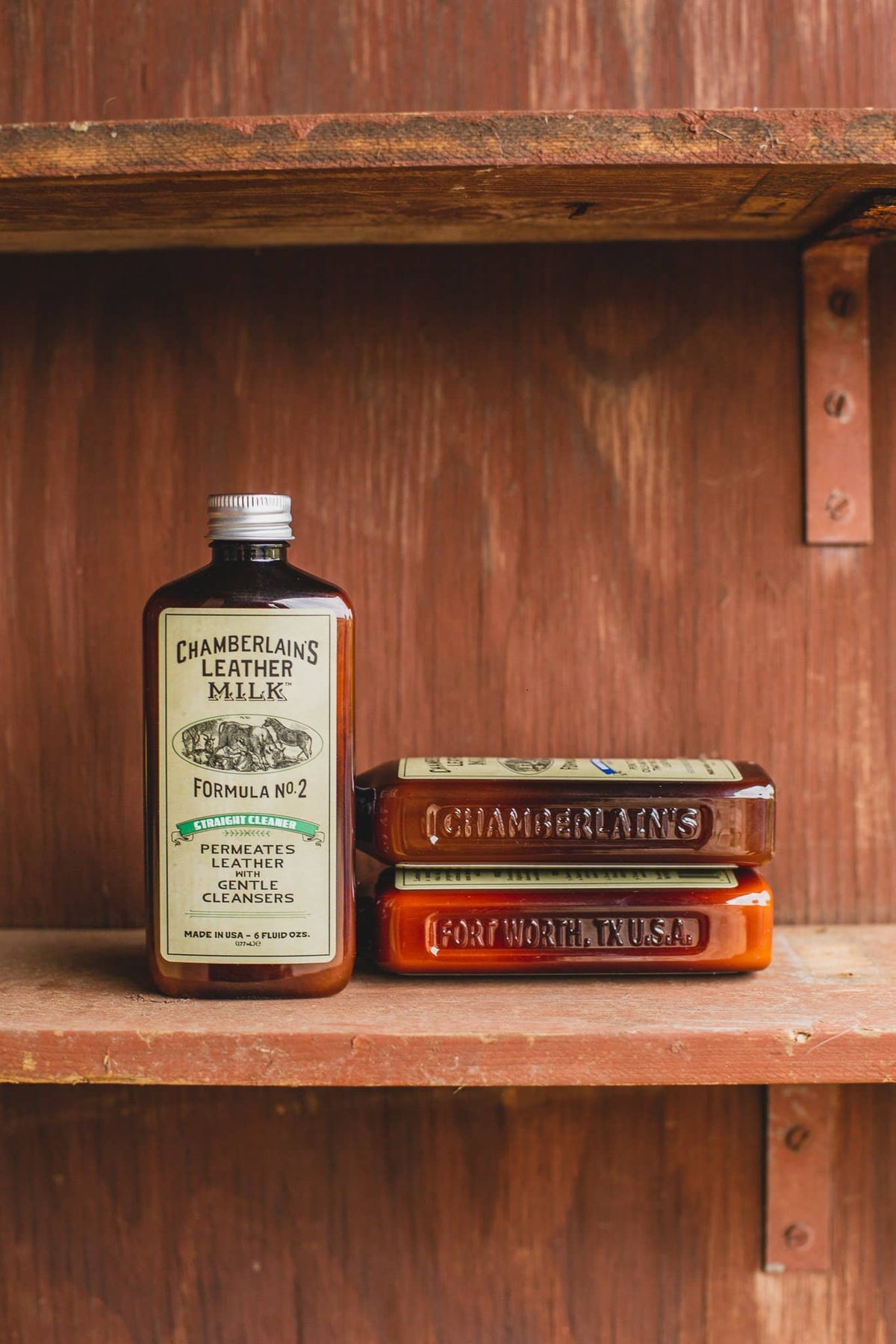 Chamberlins Leather Milk Lintment 2 with bottles laid on side