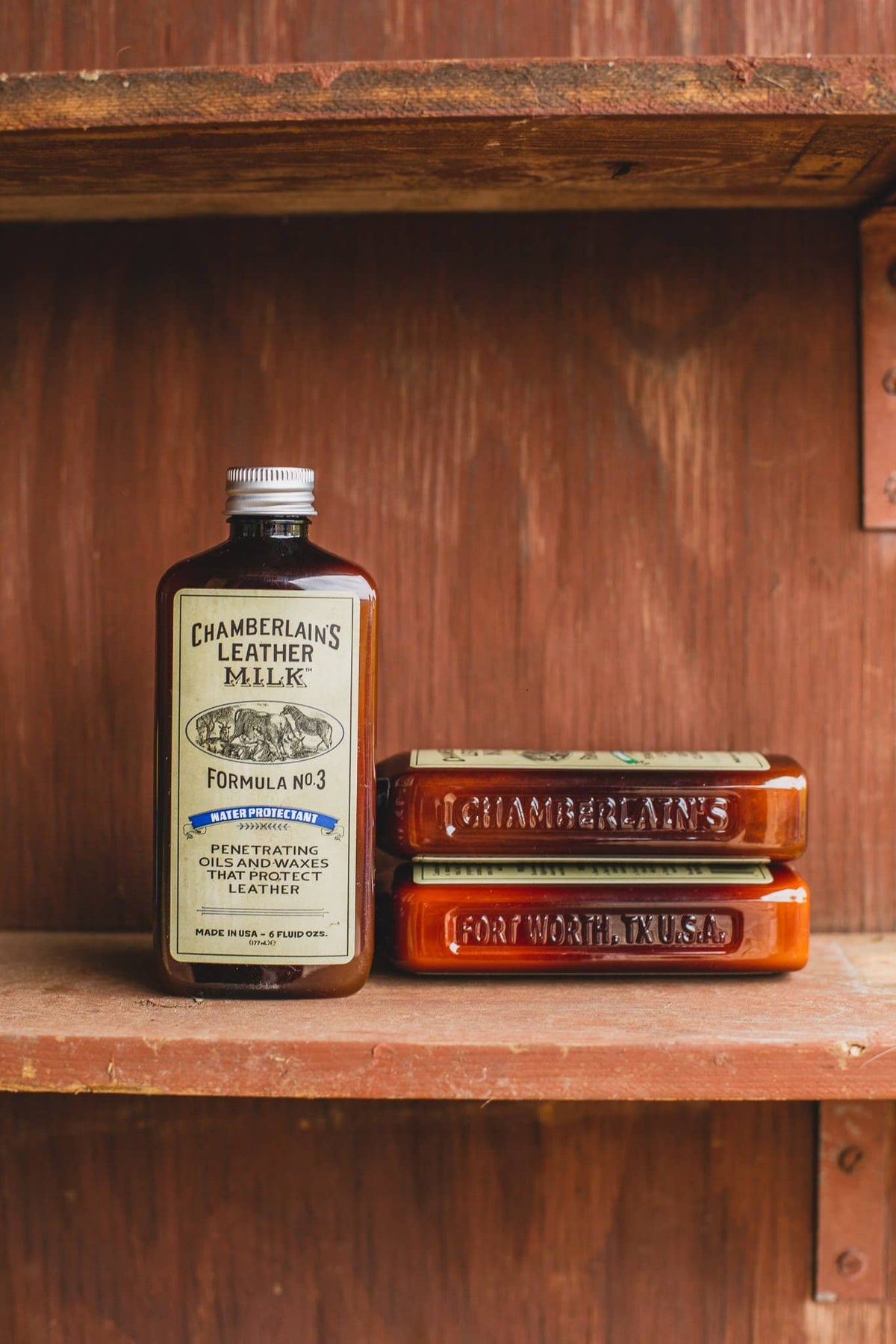 Chamberlins Leather Milk Lintment 3 with bottles laid on side