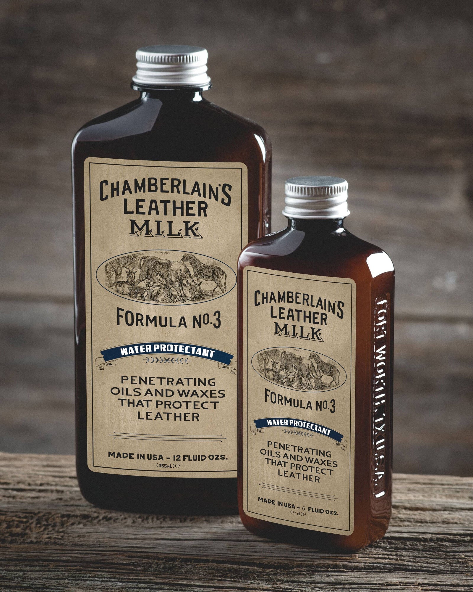 Chamberlins Leather Milk Lintment 3 on wooden shelf with pad