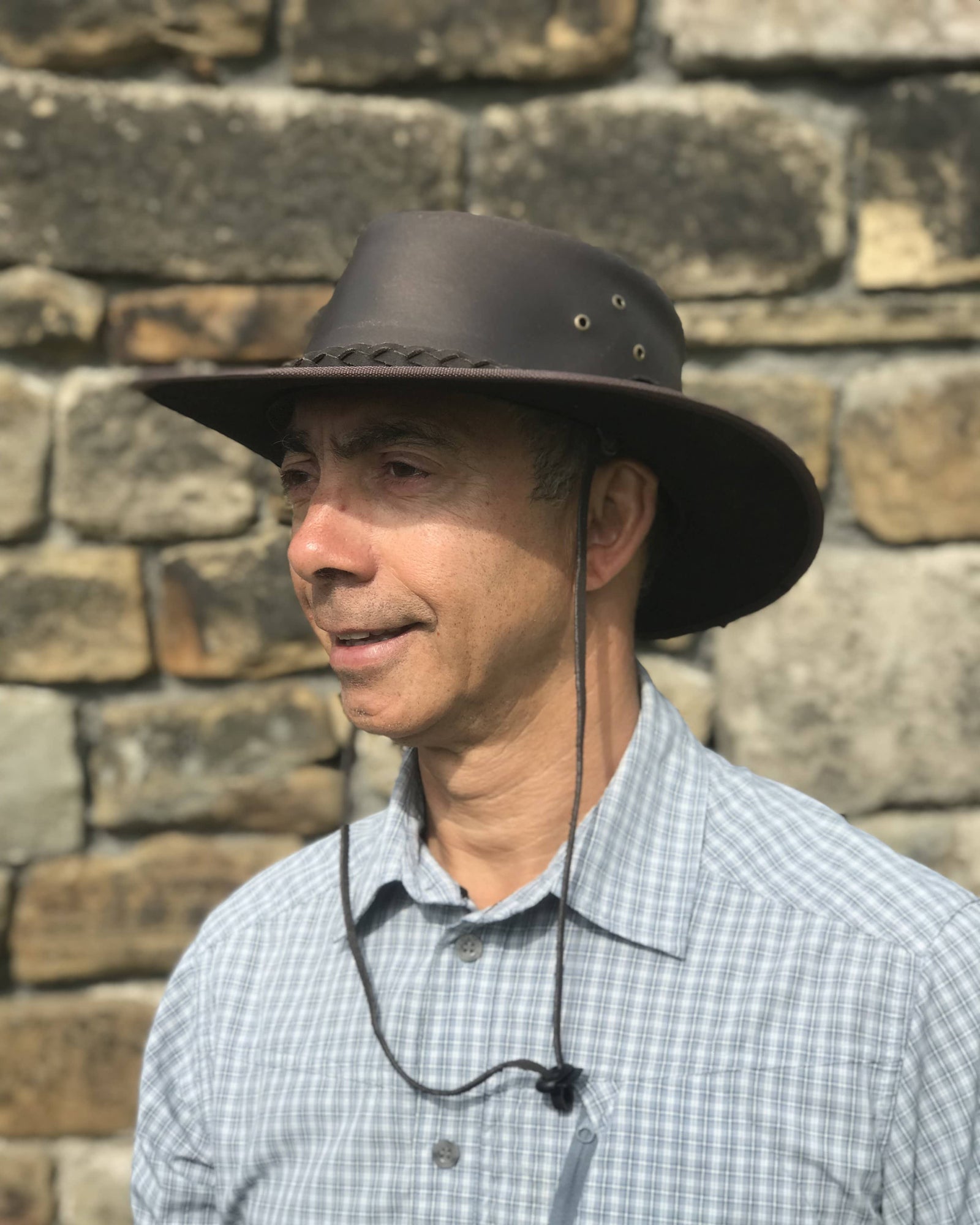 Hawkdale mens leather bush hat 501-400 - brown - on model front