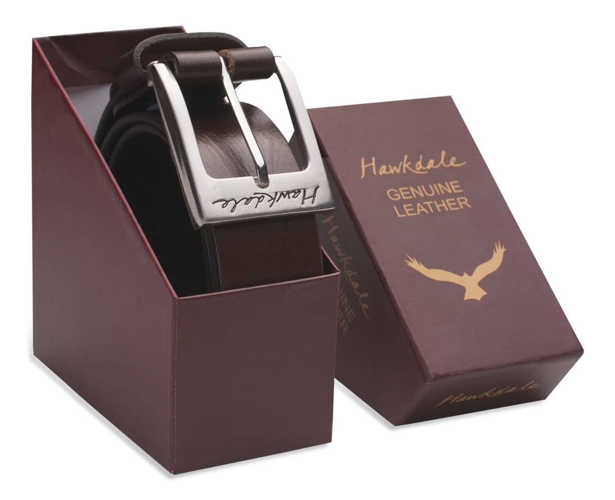 Hawkdale mens leather belt 811-400 chocolate boxed shot