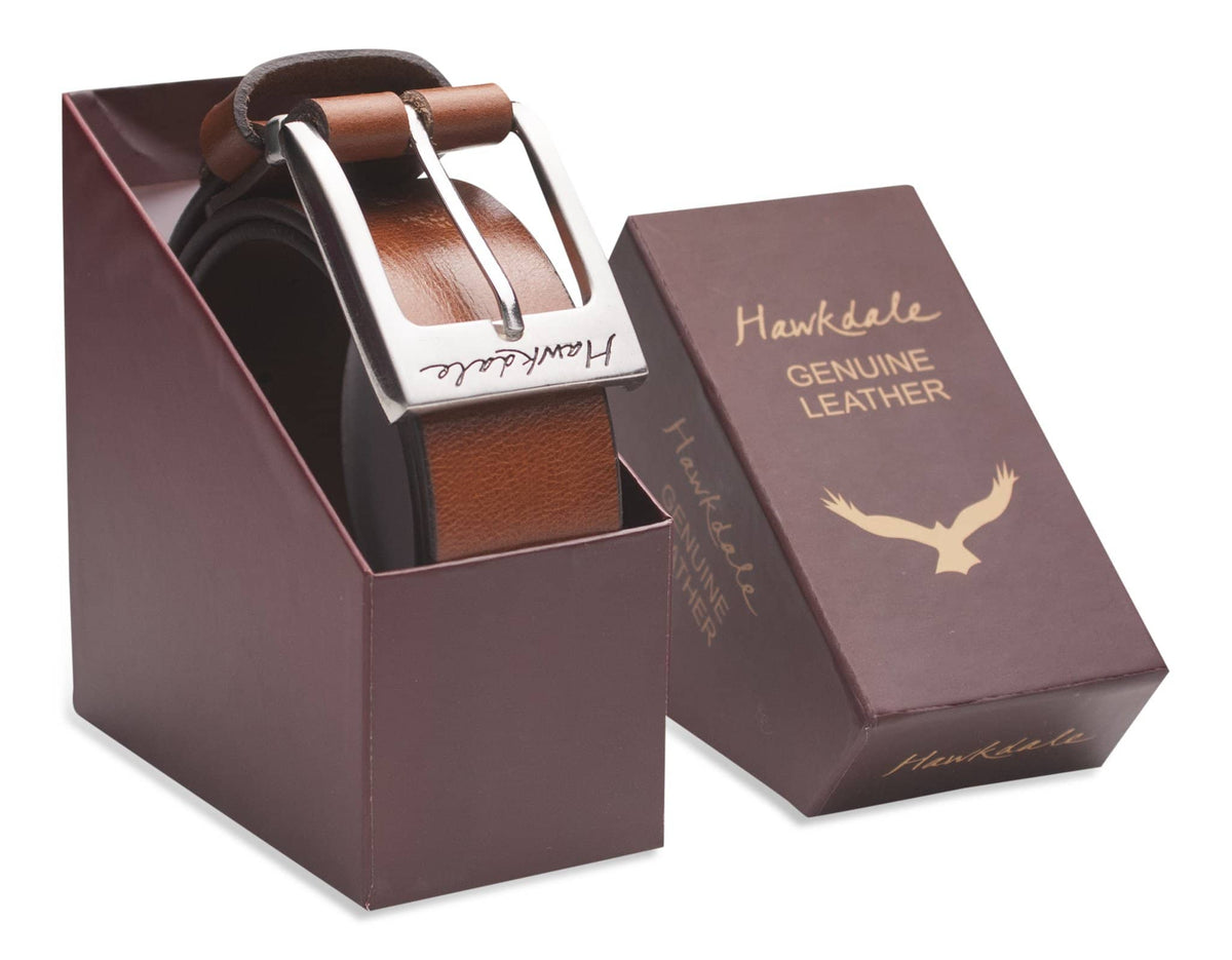Hawkdale mens leather belt 811-400 tan boxed shot