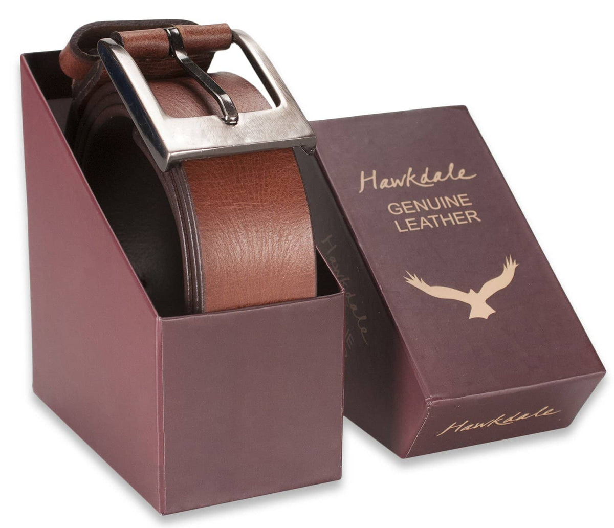 Hawkdale mens leather belt 8R-F01-400 brown boxed shot