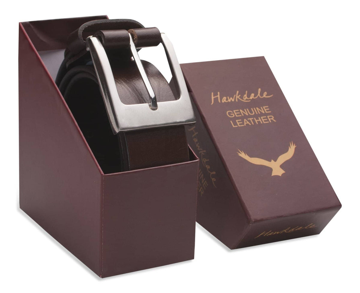 Hawkdale mens leather belt 8R-F01-400 chocolate boxed shot