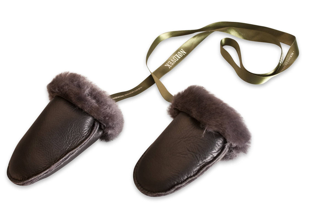 Nordvek sheepskin kids puddy mittens black leather with ribbon 303-100