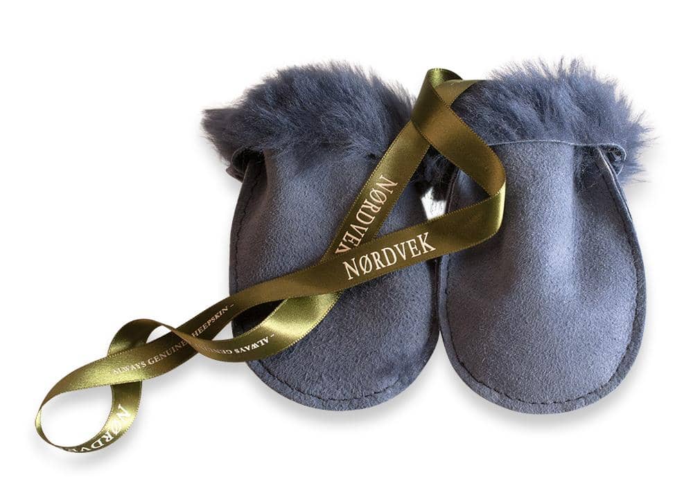 Nordvek sheepskin kids puddy mittens blue with green ribbon 303-100