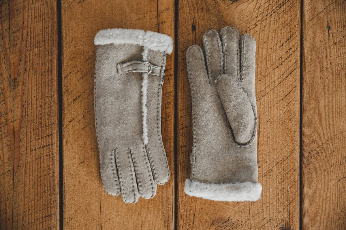 Womens Sheepskin Gloves - Sheepskin &amp; Buckle Detailing