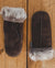 Nordvek womens sheepskin mittens chocolate colour opening wooden gate in field
