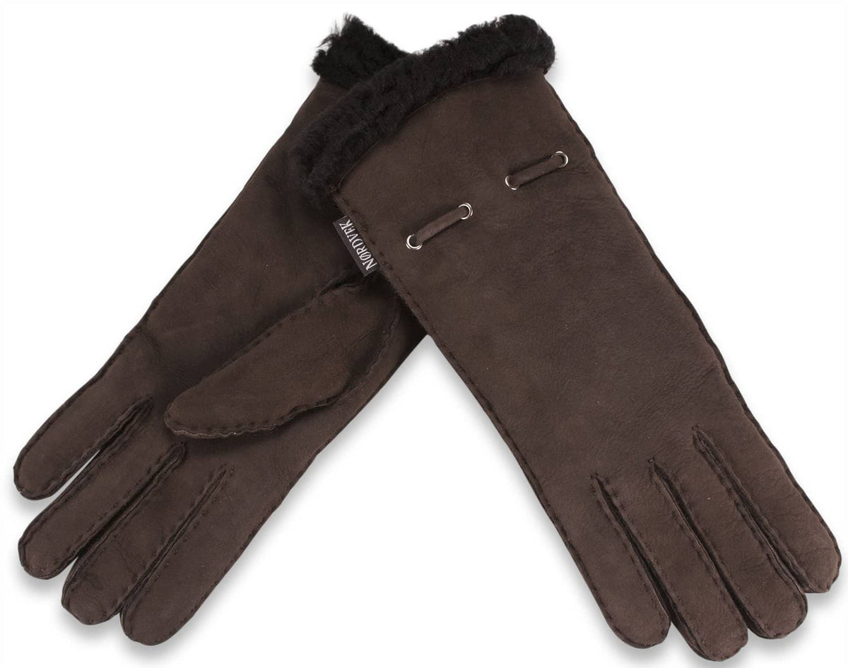 Nordvek womens sheepskin gloves 317-100 dark chocolate pair overlap