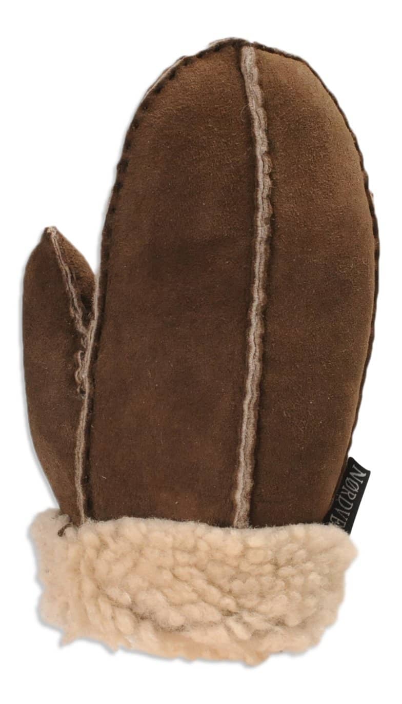 Nordvek childrens sheepskin mittens 325-100 chcolate back of hand