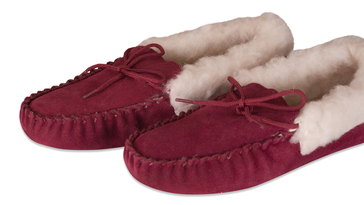 Womens Sheepskin Suede Moccasins - Wool Lined - Soft Leather Sole