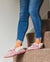 Nordvek womens moccasins hard sole  418-100 pink pair model wearing down stairs
