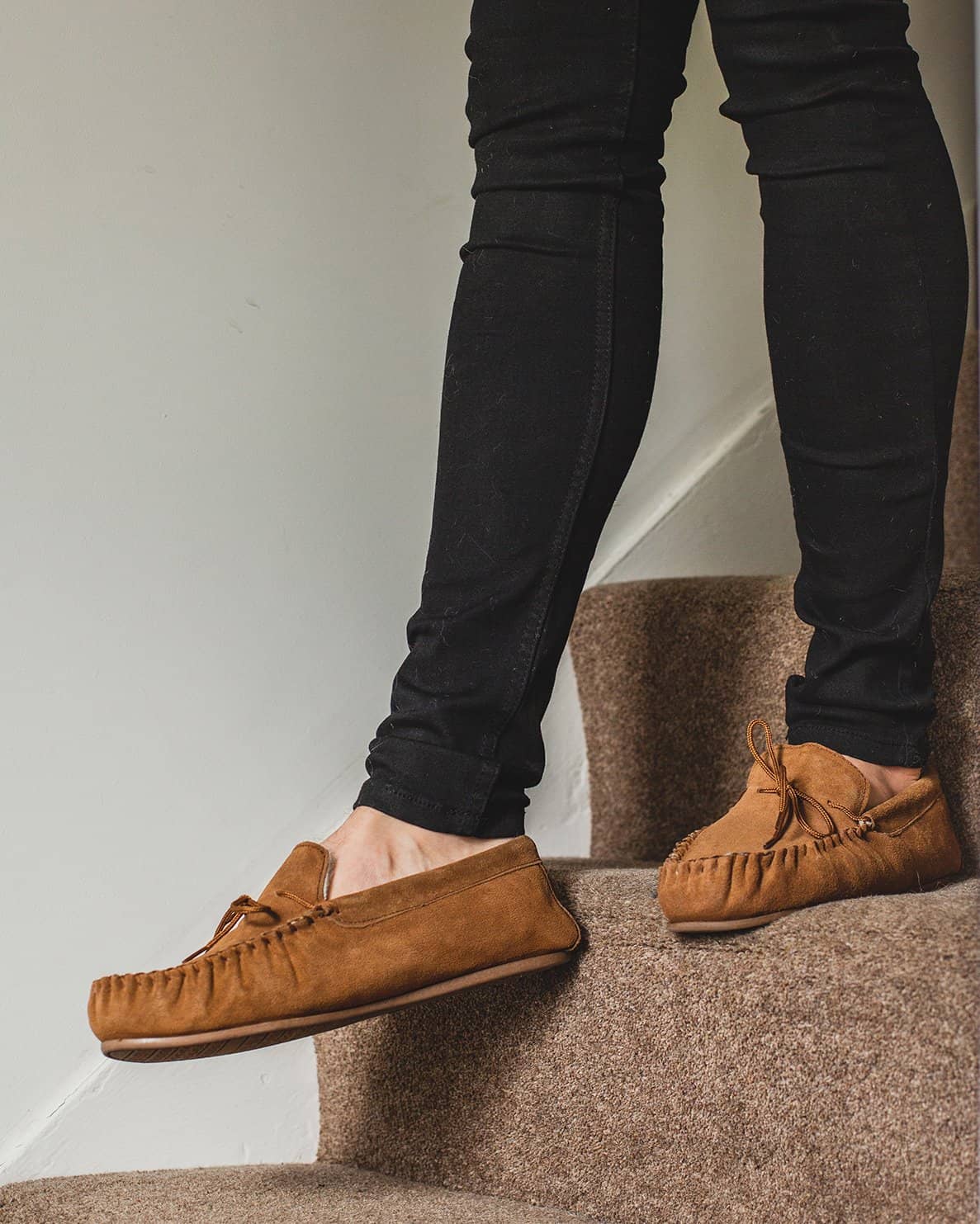 Nordvek mens moccasins hard sole  422-100 Chocolate pair in front of fire