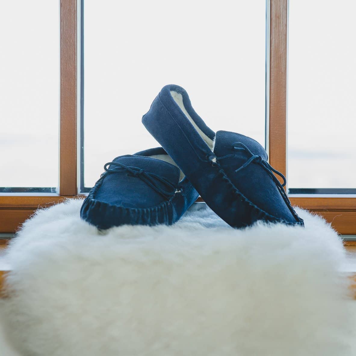 Mens Sheepskin Suede Moccasins - Wool Lined - Soft Leather Sole