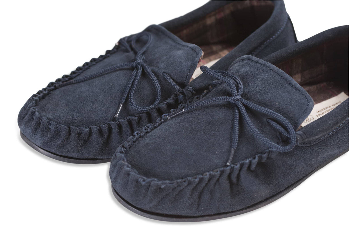 Mens Sheepskin Suede Moccasins - Fabric Lined - Non-Slip Rubber Sole