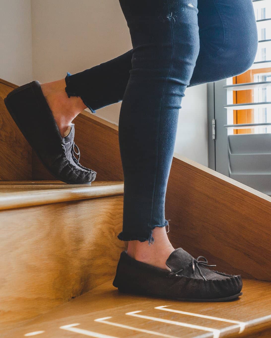 Nordvek womens moccasins hard sole  430-100 chocolate in front of fire on pouffe