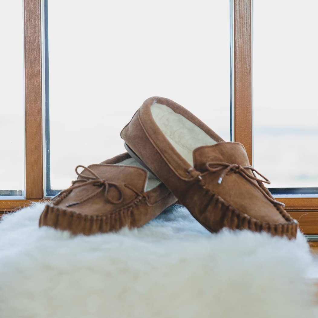 Womens Sheepskin Suede Moccasins - Wool Lined - Soft Leather Sole