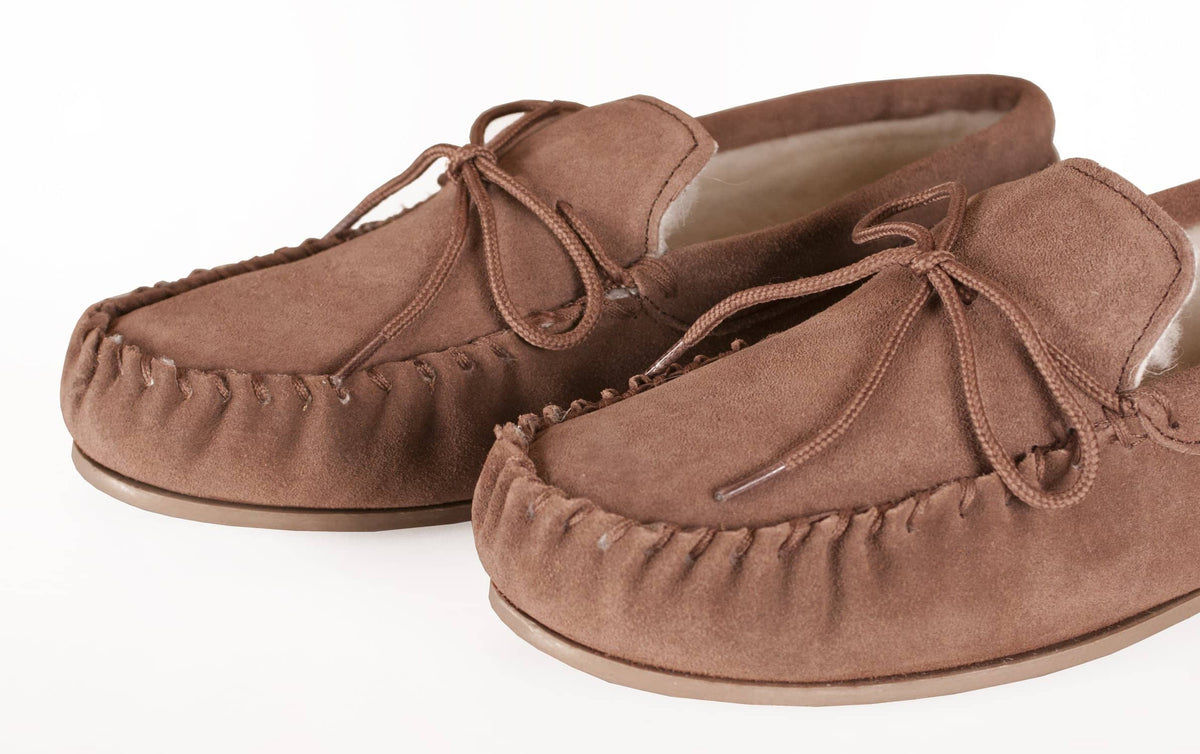 Womens Sheepskin Suede Moccasins - Wool Lined - Non-Slip Rubber Sole