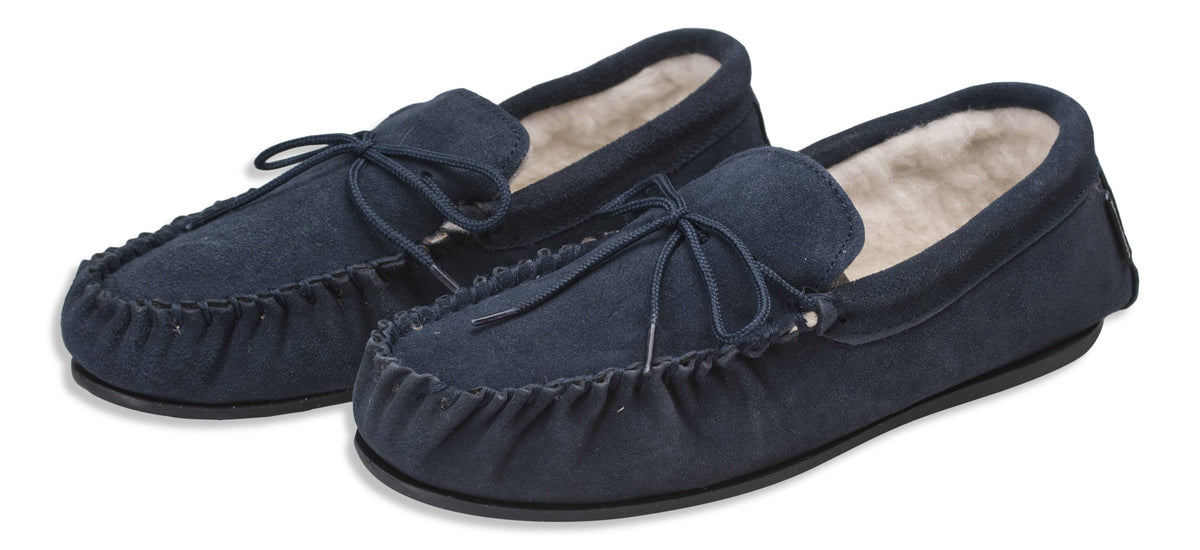 Mens Sheepskin Suede Moccasins - Wool Lined - Non-Slip Rubber Sole