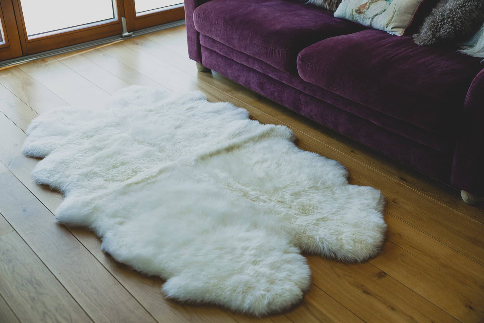 Nordvek sheepskin  natural rug 604-100 quad in front of sofa close up