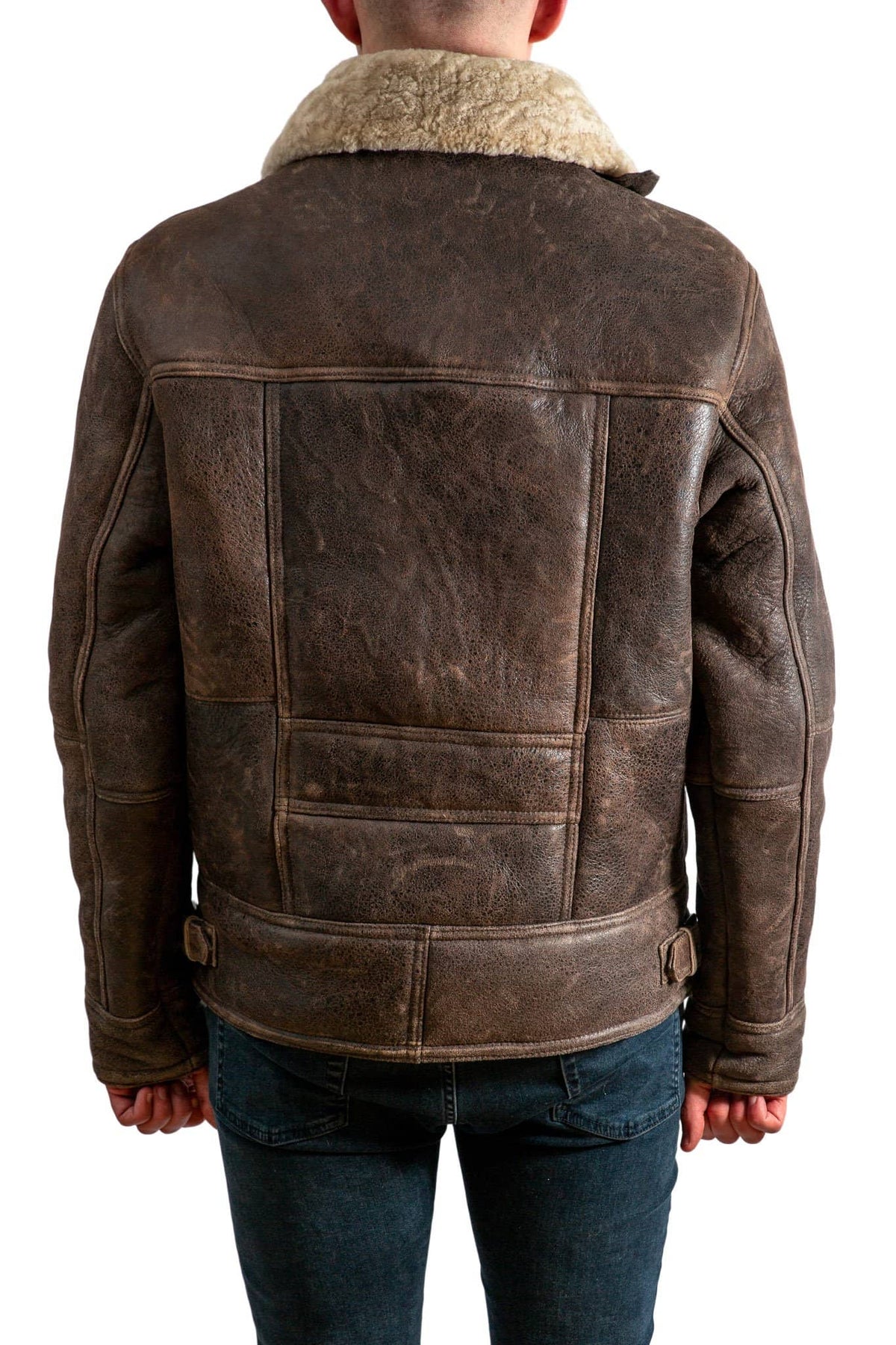 Nordvek mens sheepskin aviator leather jacket 701-100 chocolate forrest back