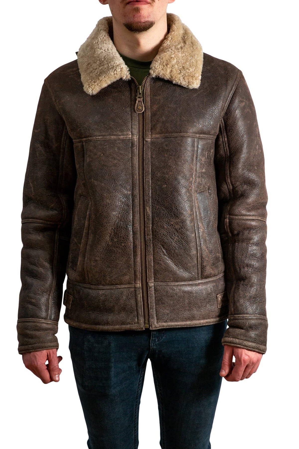 Nordvek mens sheepskin aviator leather jacket 701-100 chocolate forrest front