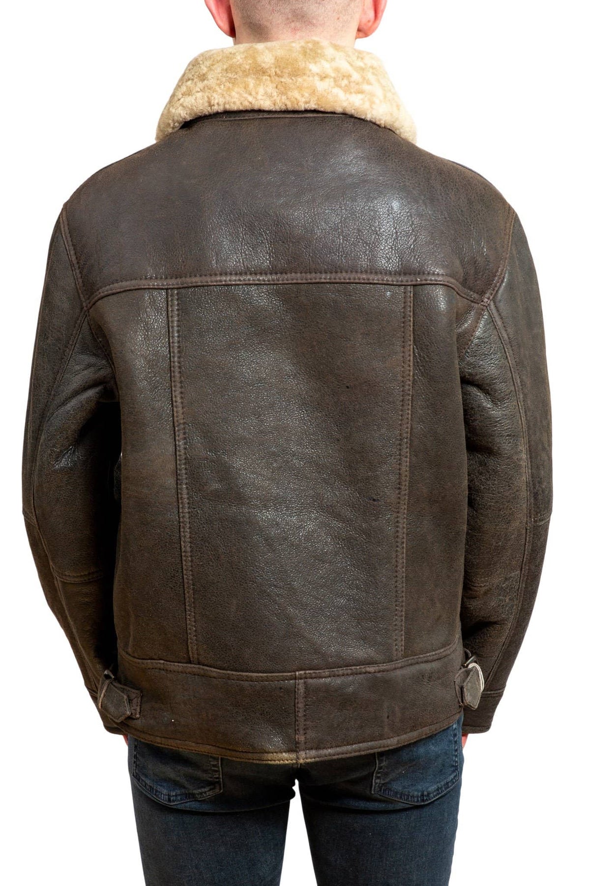 Nordvek mens sheepskin aviator leather jacket 701-100 dark brown back