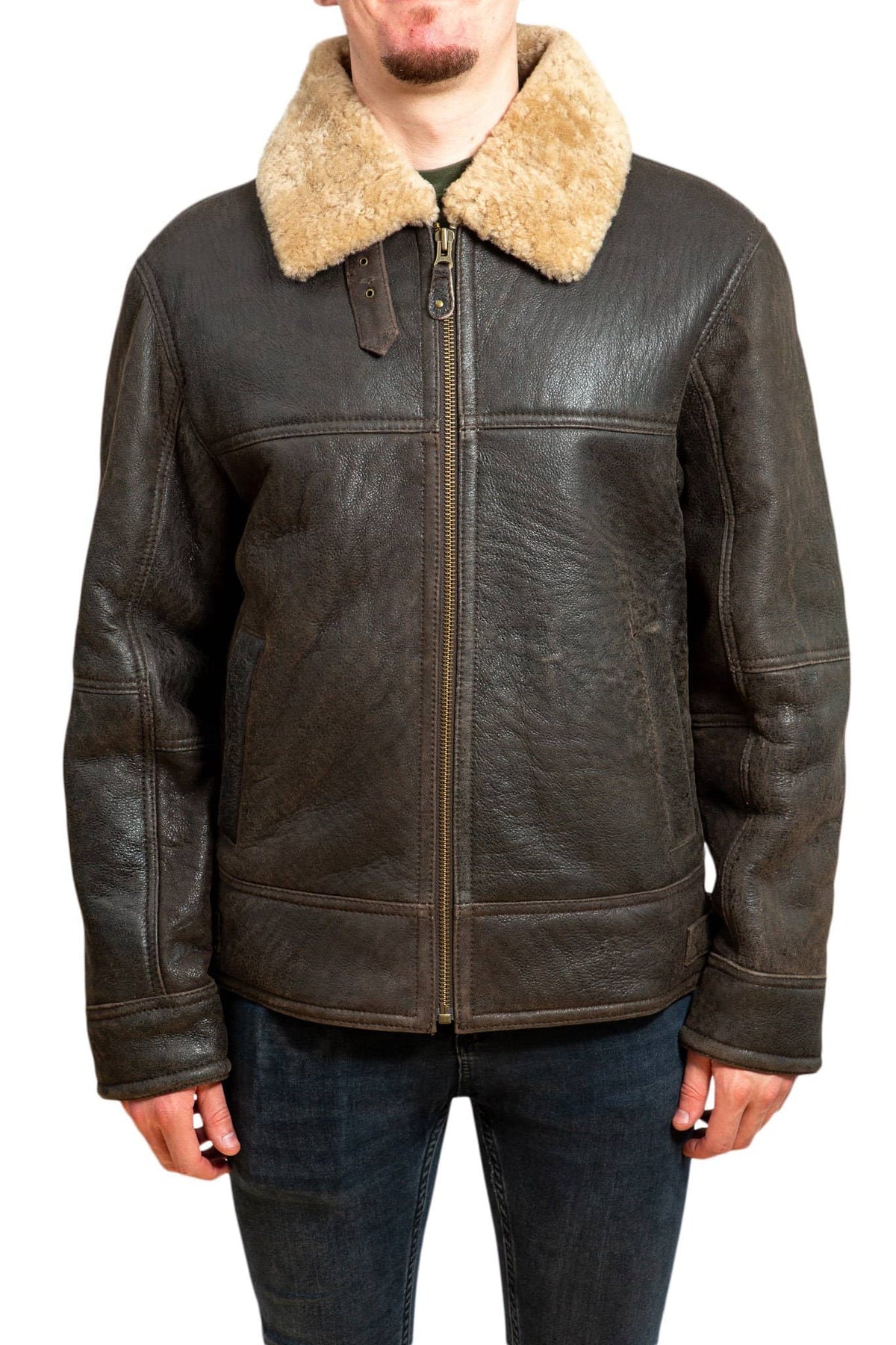 Nordvek mens sheepskin aviator leather jacket 701-100 dark brown front