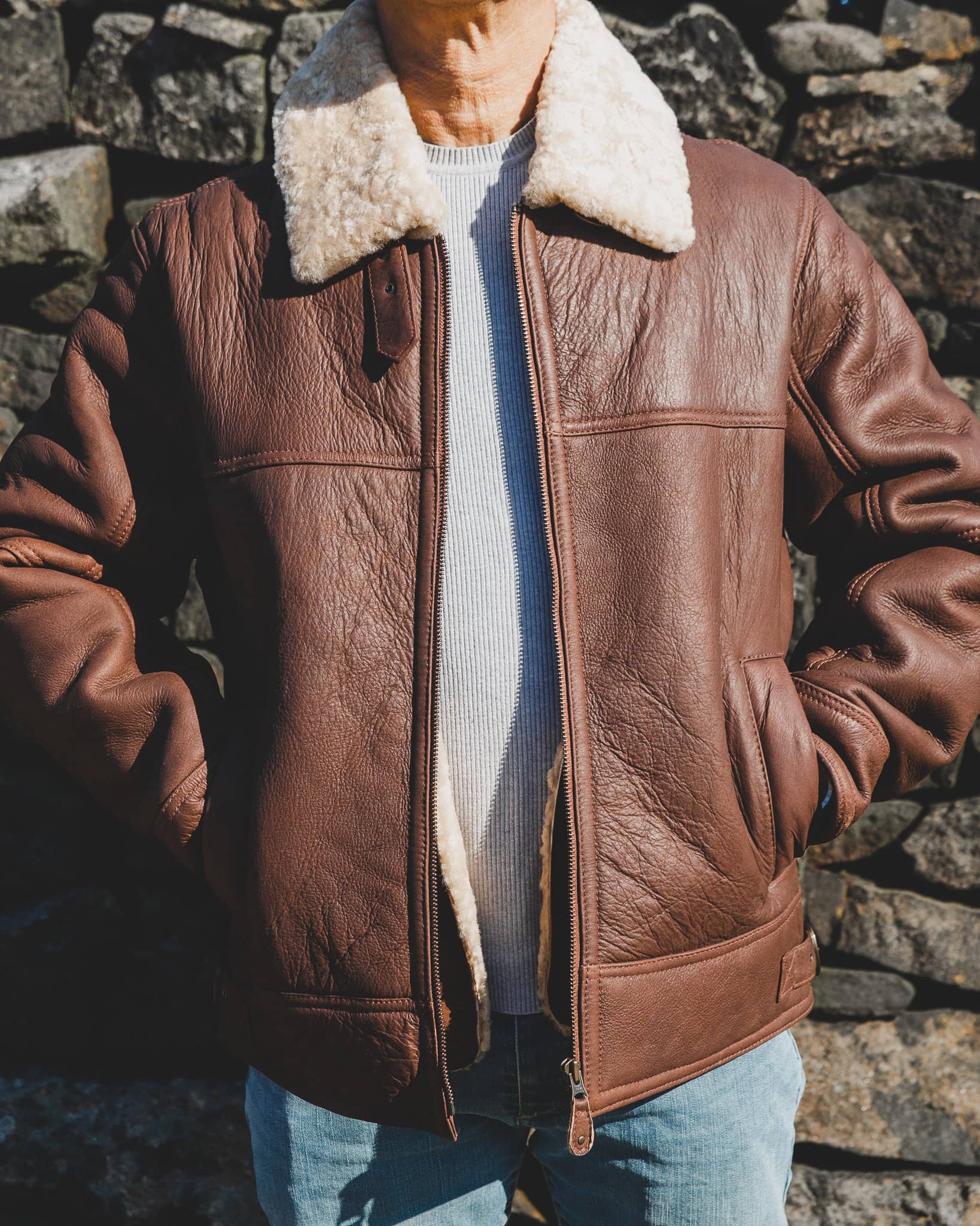 Nordvek mens sheepskin aviator leather jacket 701-100 front on model