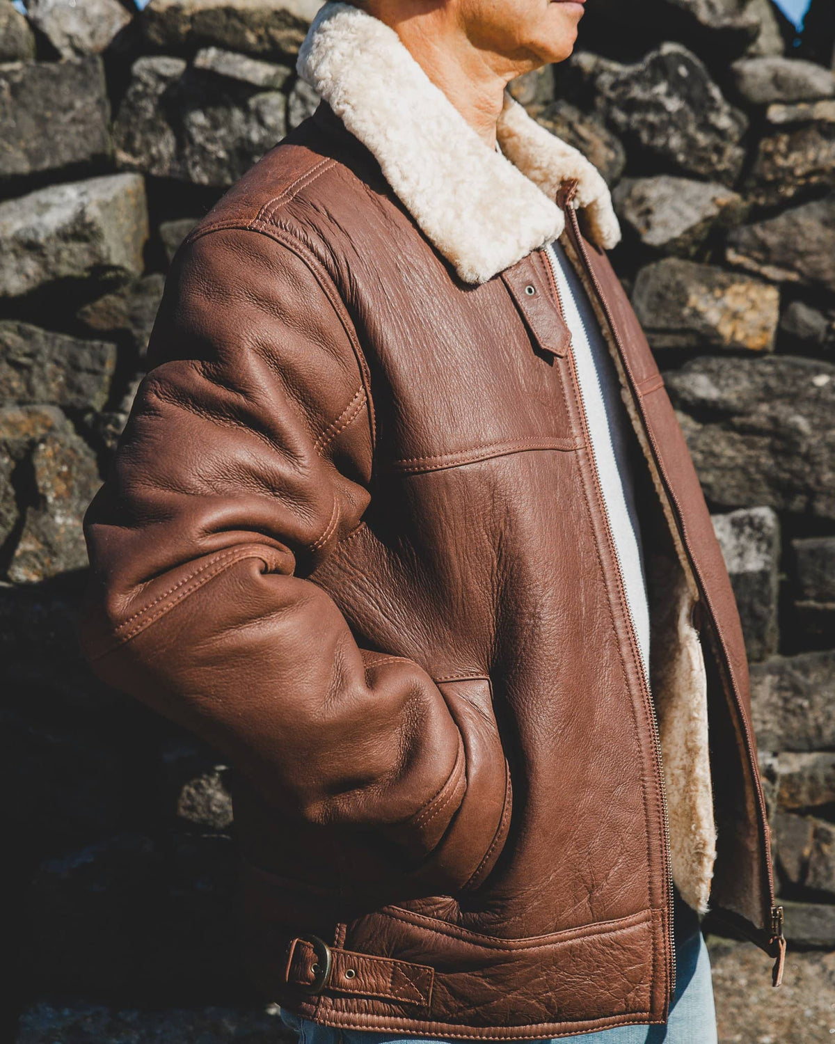 Nordvek mens sheepskin aviator leather jacket 701-100 side on model