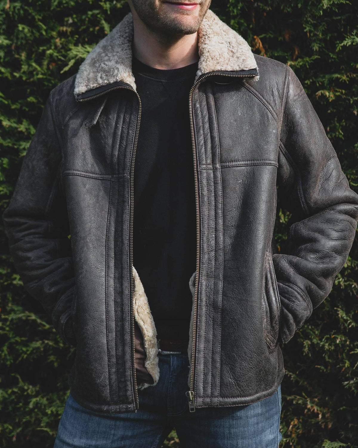 Nordvek mens sheepskin jacket 702-100 chocolate on model hands in pockets