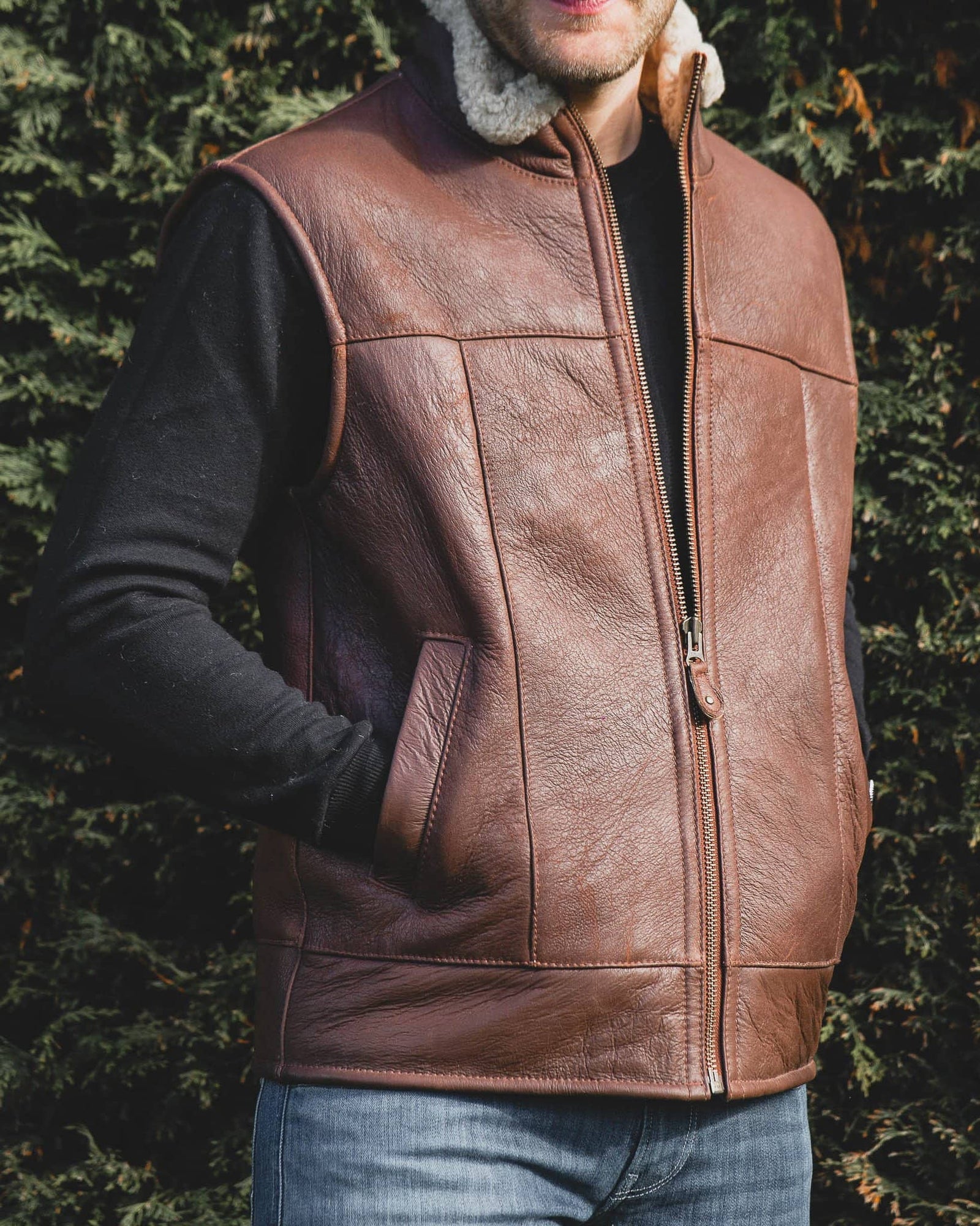 Nordvek mens sheepskin aviator gilet 704-100 tan on model front