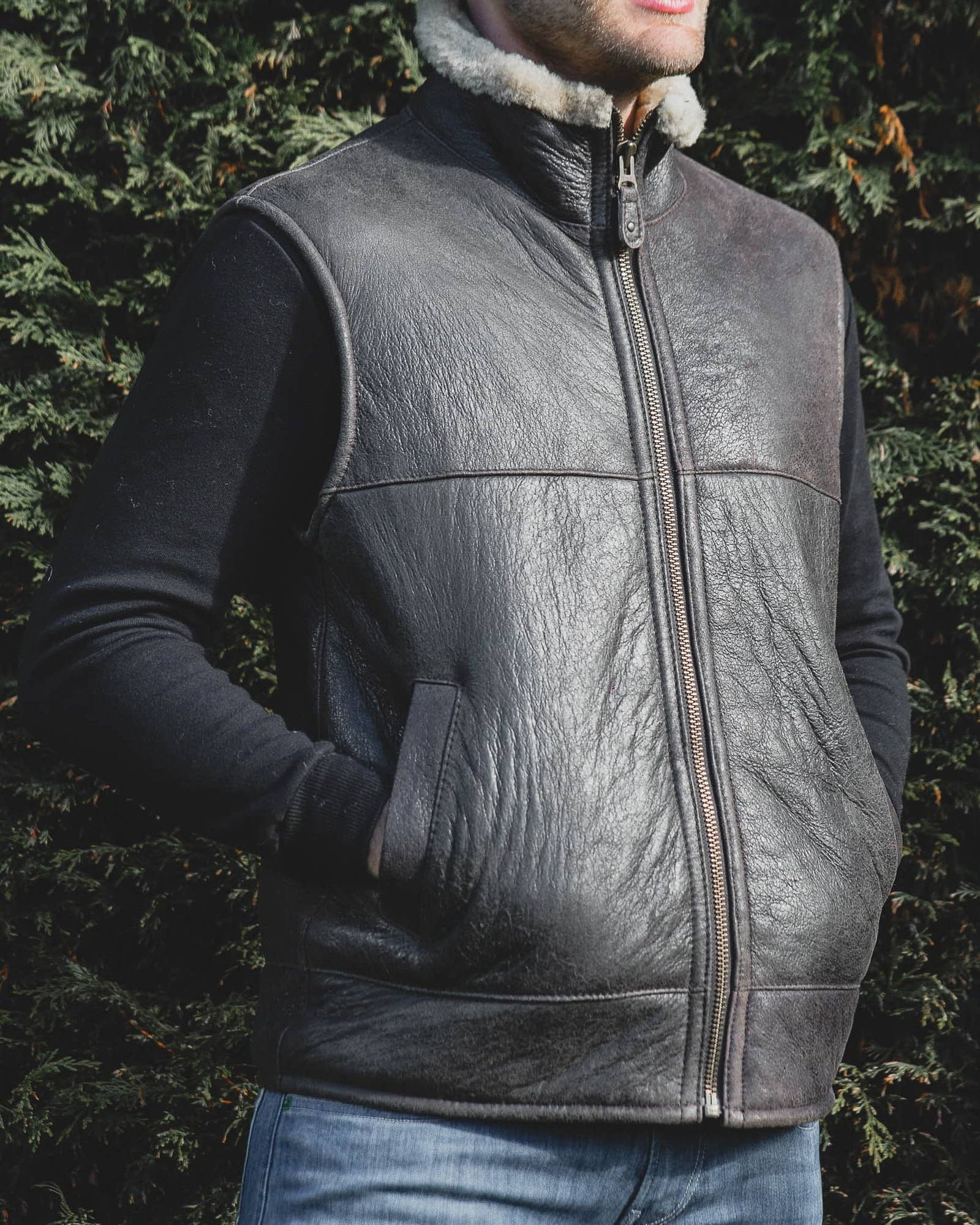 Nordvek mens sheepskin aviator gilet 704-100 tan on model front