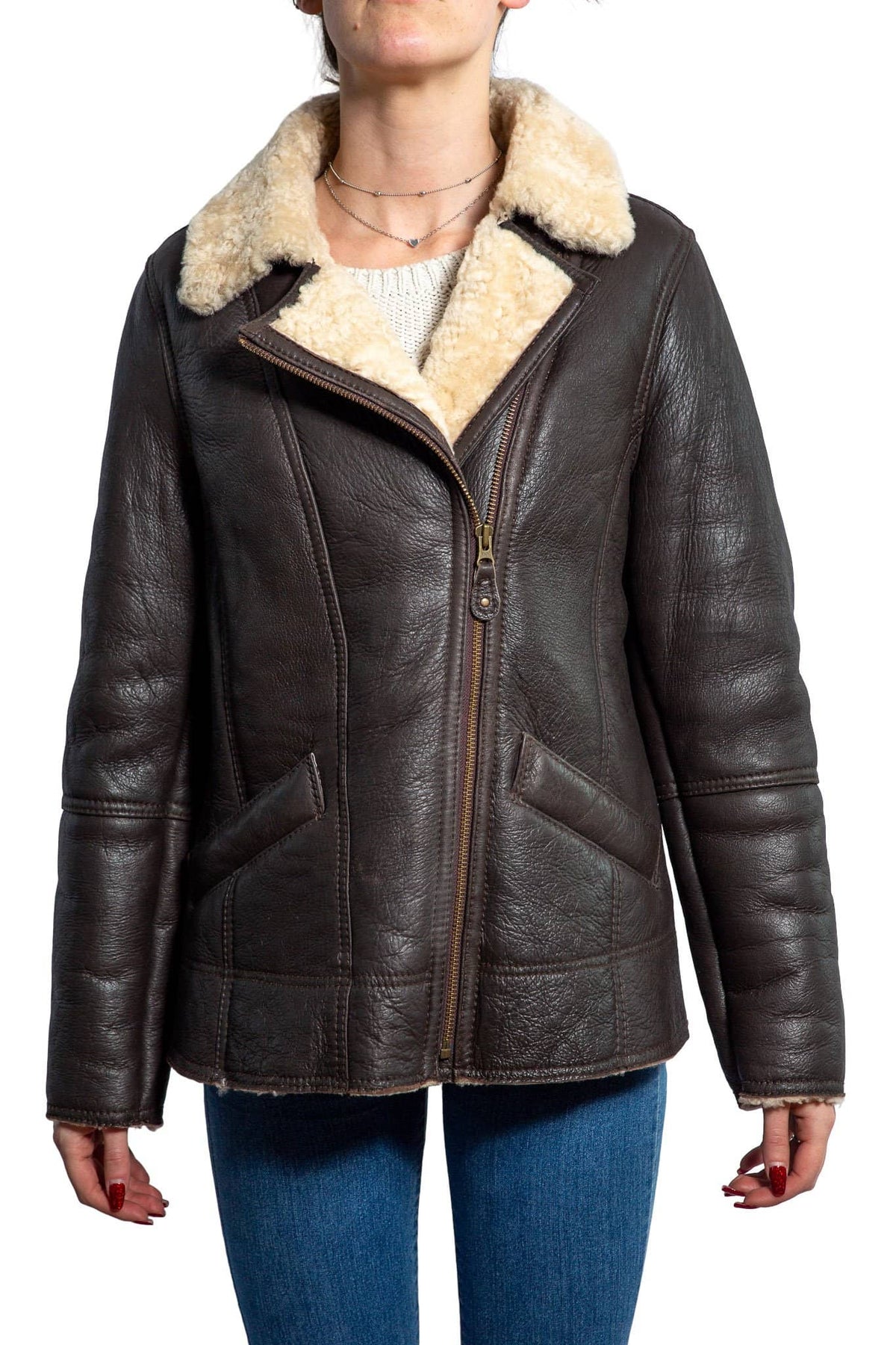 Nordvek womens sheepkin jacket chocolate 705-100 half zipped