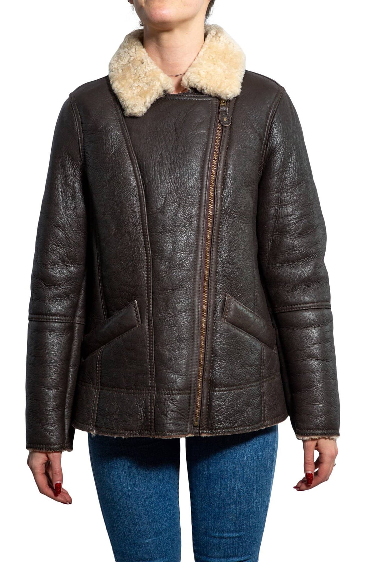 Nordvek womens sheepkin jacket chocolate 705-100 zipped  up