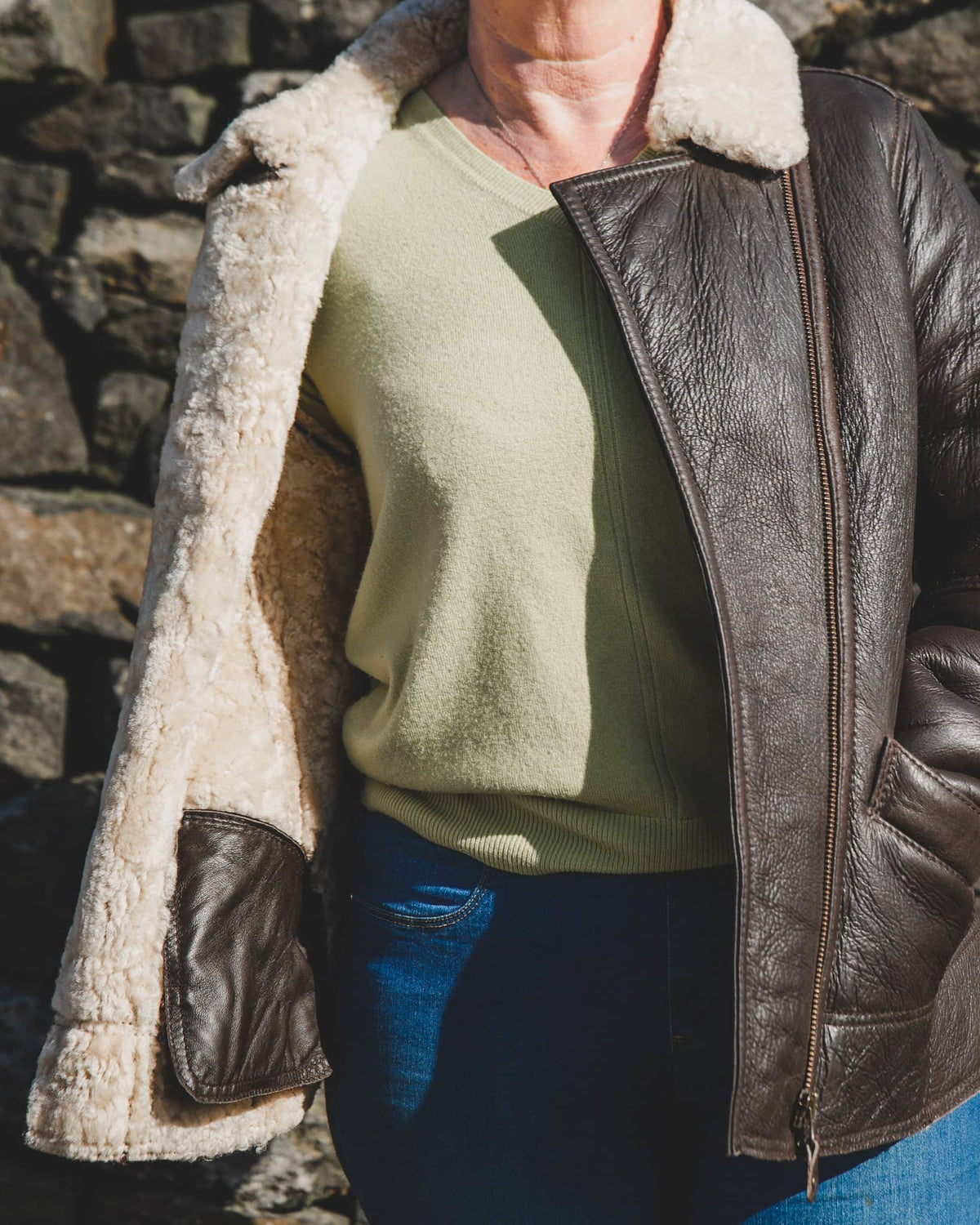 Nordvek womens sheepkin jacket 705-100 side on model open to see inside