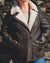 Nordvek womens sheepkin jacket 705-100 front on model stood infront of wall
