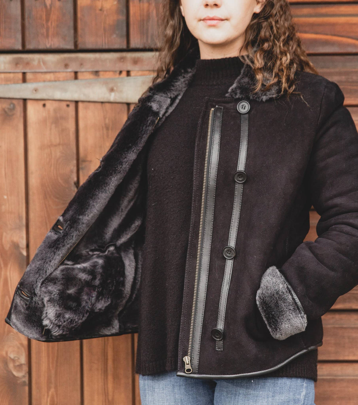 Nordvek womens sheepskin jacket 706-100 black front on model showing inside lining