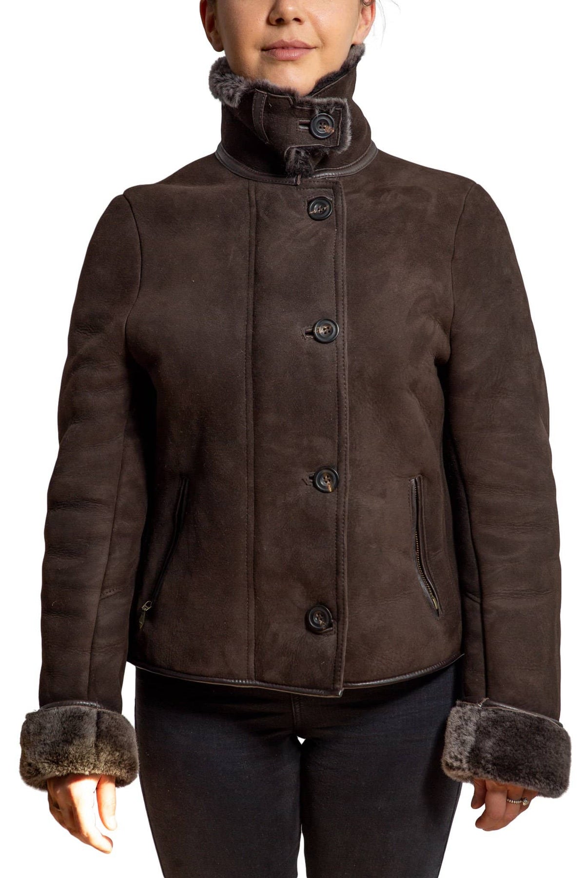 Nordvek womens sheepskin jacket 706-100 brown front zipped up