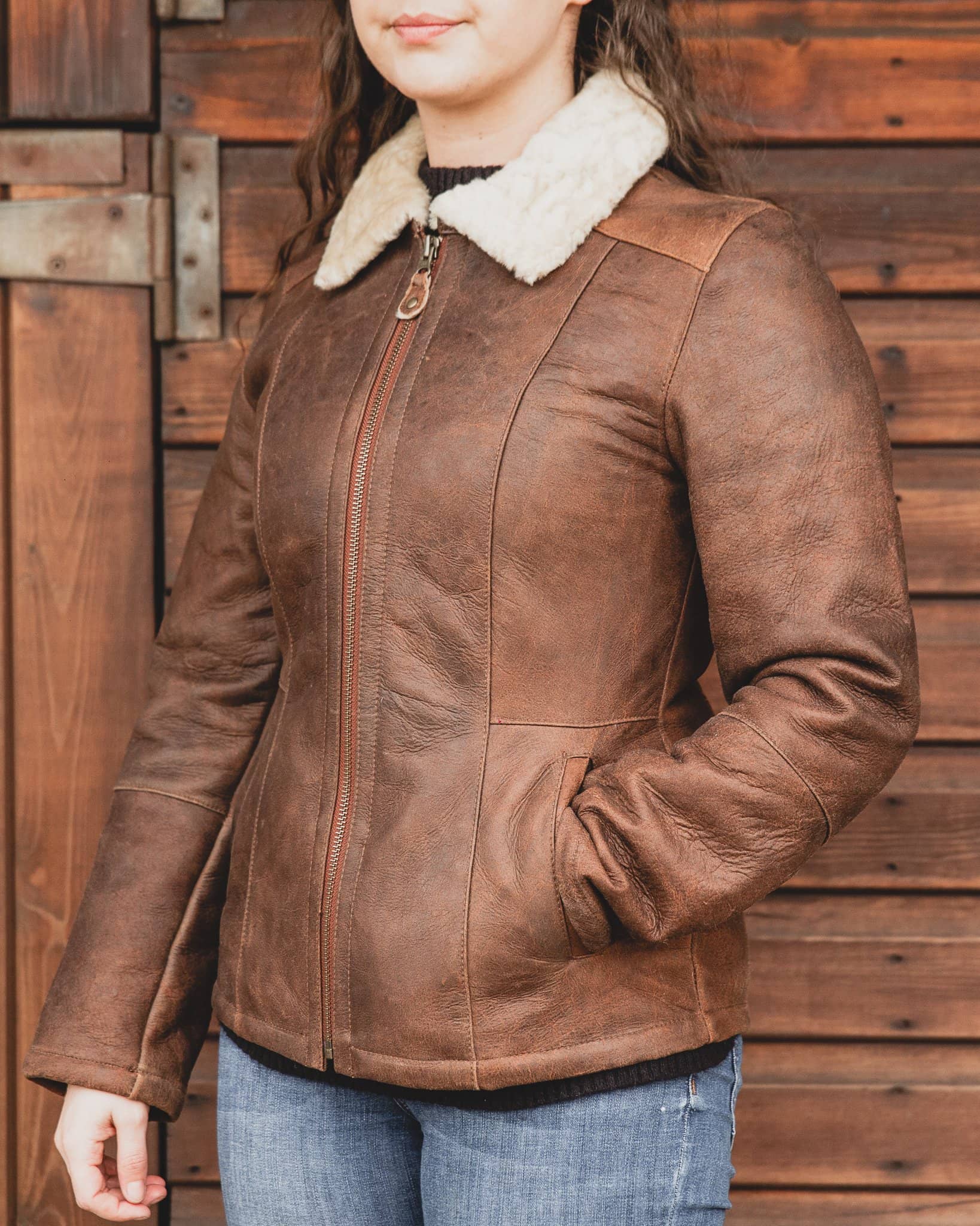 Nordvek womens sheepskin jacket 707-100 tan on model front zipped up