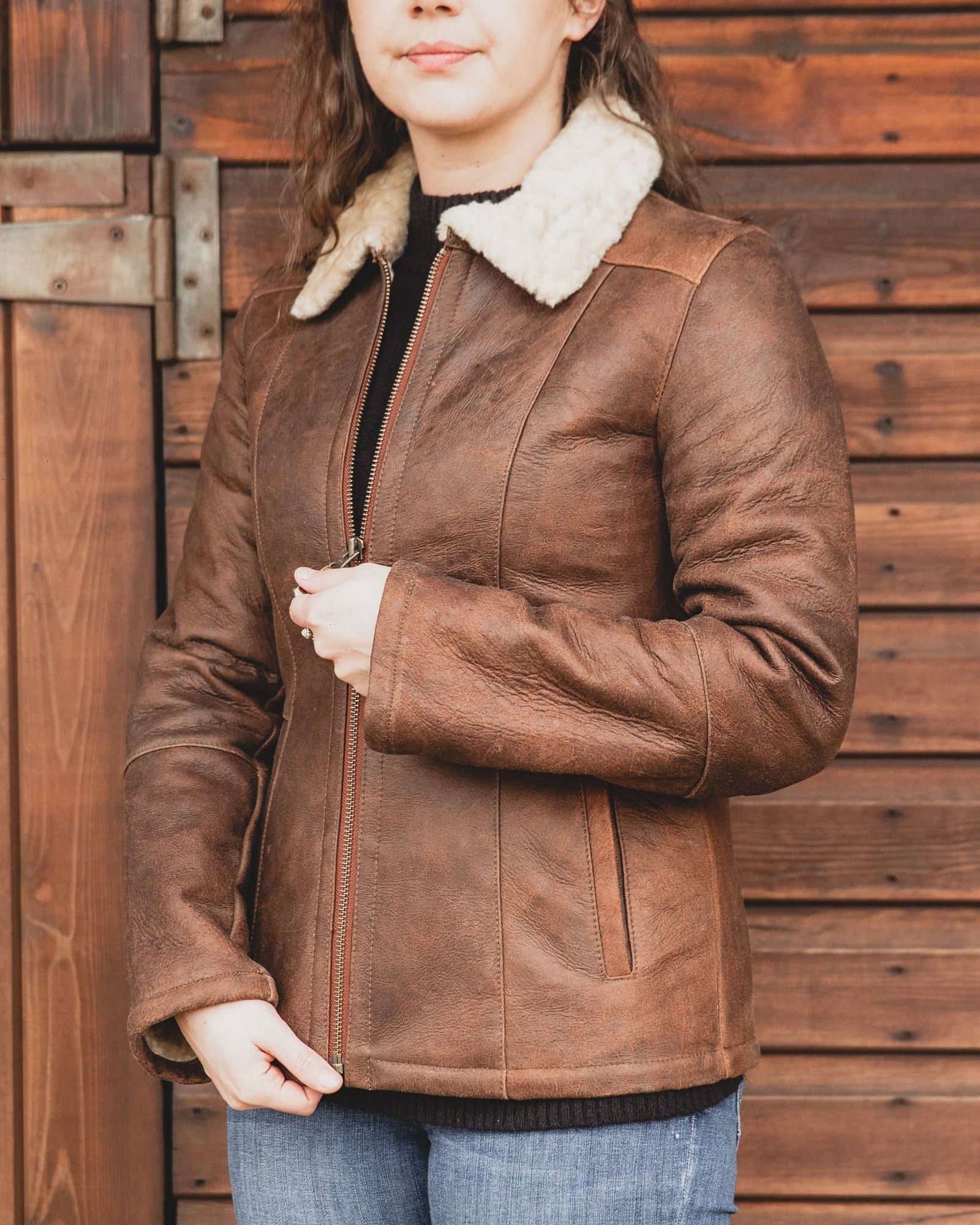 Nordvek womens sheepskin jacket 707-100 tan on model front zipped up