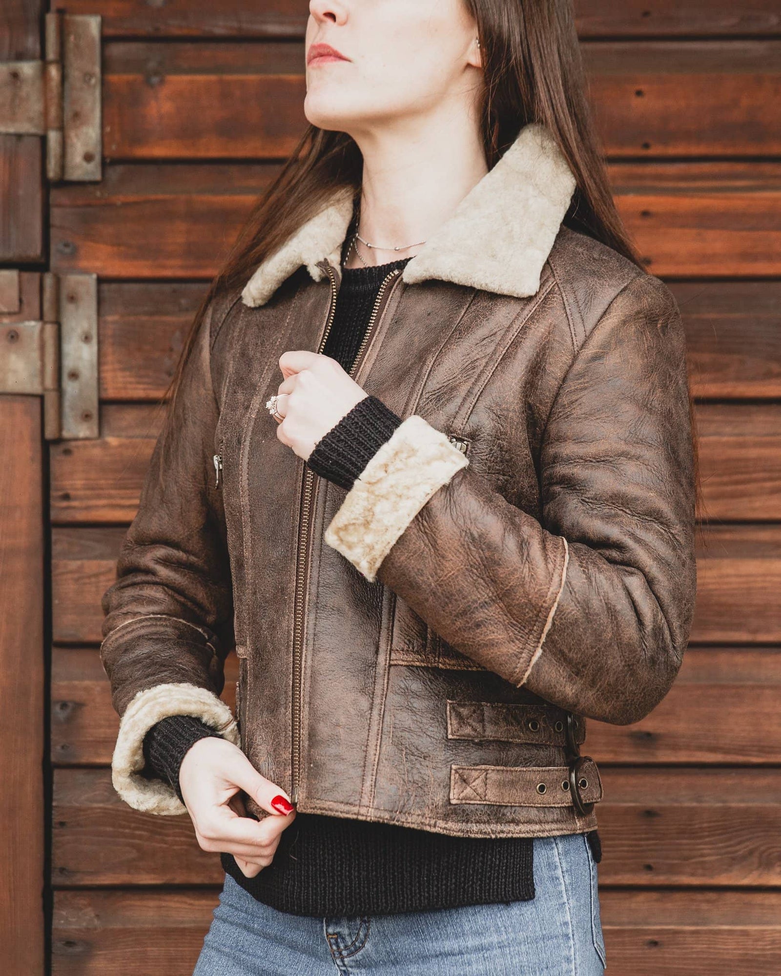 Nordvek womens sheepskin jacket 708-100 chocolate on model front zipped up