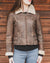 Nordvek womens sheepskin jacket 708-100 chocolate on model front zipped up